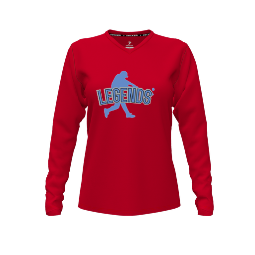[CUS-DFW-TEES-PER-VNK-LSL-RED-FYXS-LOGO1] Decker Performance T-Shirt (Female Youth XS, Red, V Neck, Logo 1, Long Sleeve)