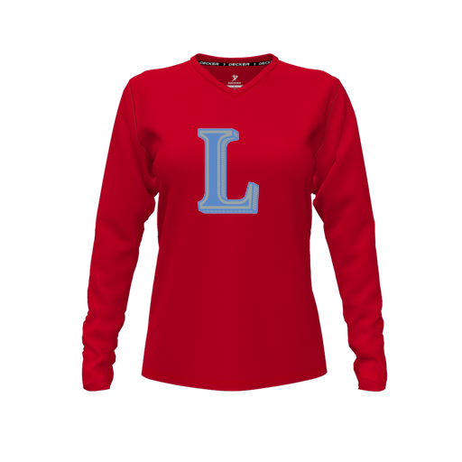 [CUS-DFW-TEES-PER-VNK-LSL-RED-FYXS-LOGO3] Decker Performance T-Shirt (Female Youth XS, Red, V Neck, Logo 3, Long Sleeve)